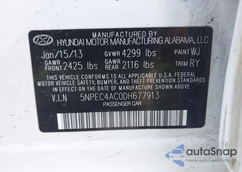 2013 Hyundai Sonata Se/Limited из США, поврежденный, VIN 5NPEC4AC0DH677913